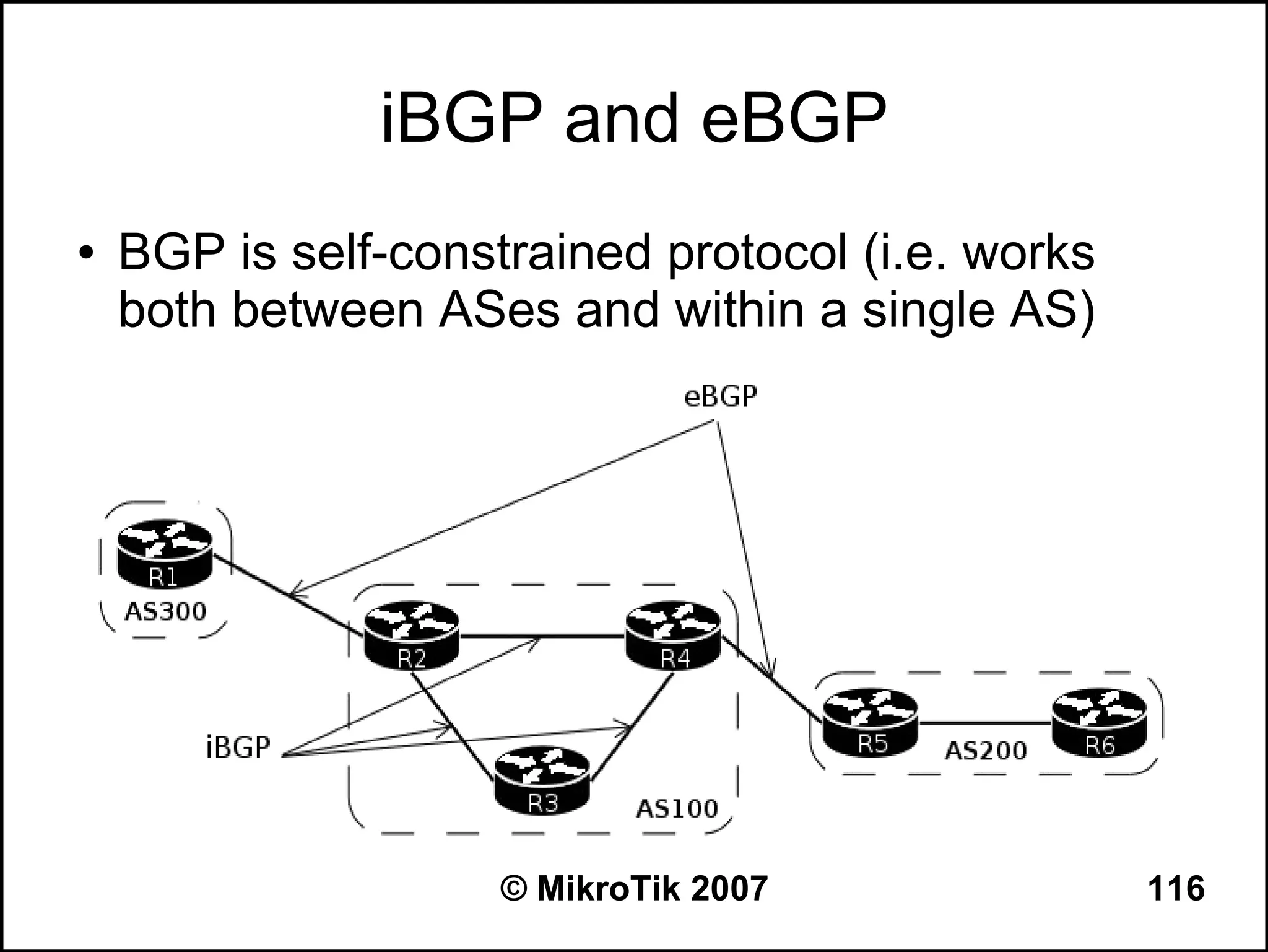 iBGP and eBGP
●   BGP is self-constrained protocol (i.e. works
    both between ASes and within a single AS)




                     © MikroTik 2007               116
 