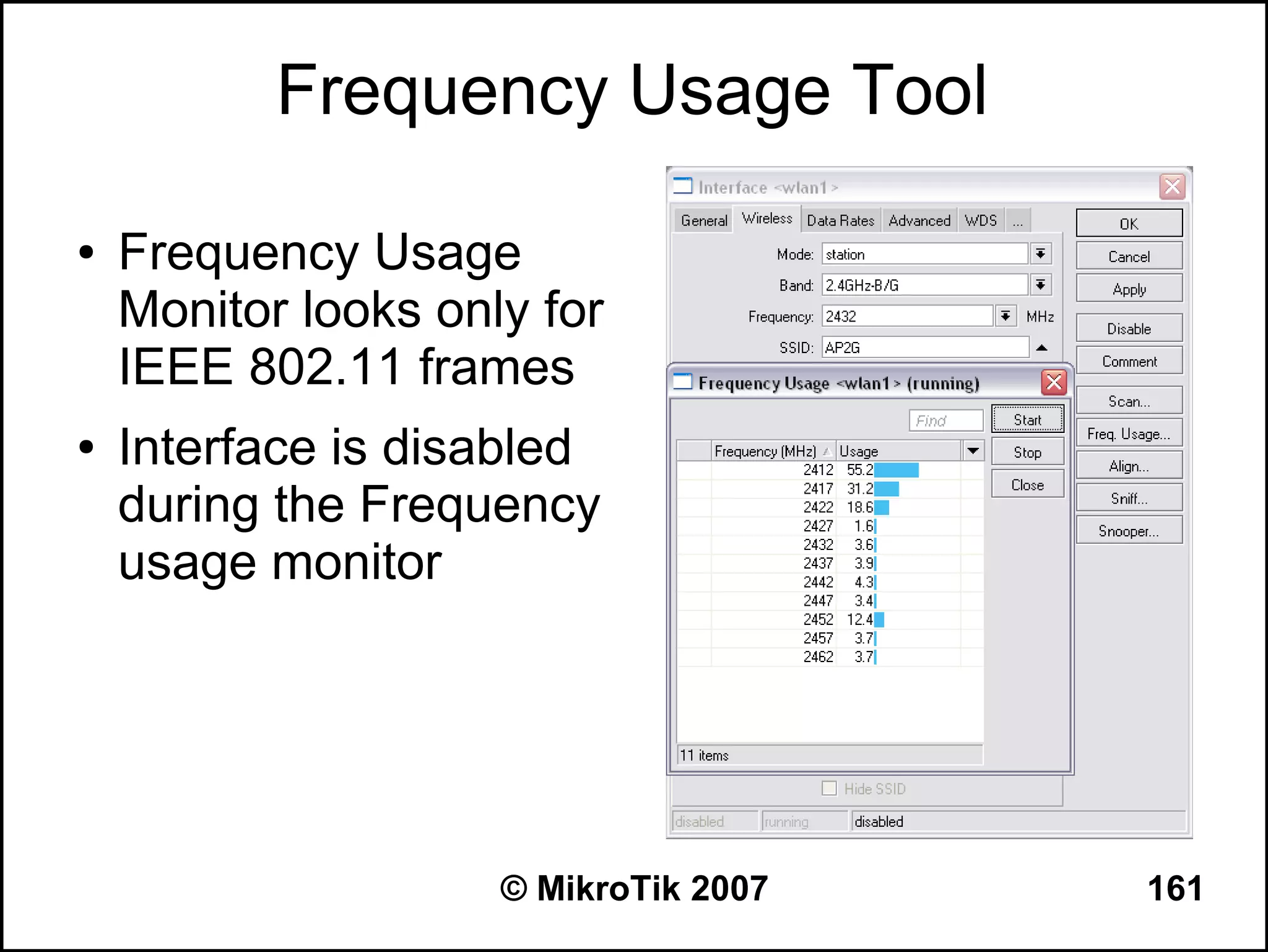 Frequency Usage Tool

●   Frequency Usage
    Monitor looks only for
    IEEE 802.11 frames
●   Interface is disabled
    during the Frequency
    usage monitor




                     © MikroTik 2007   161
 