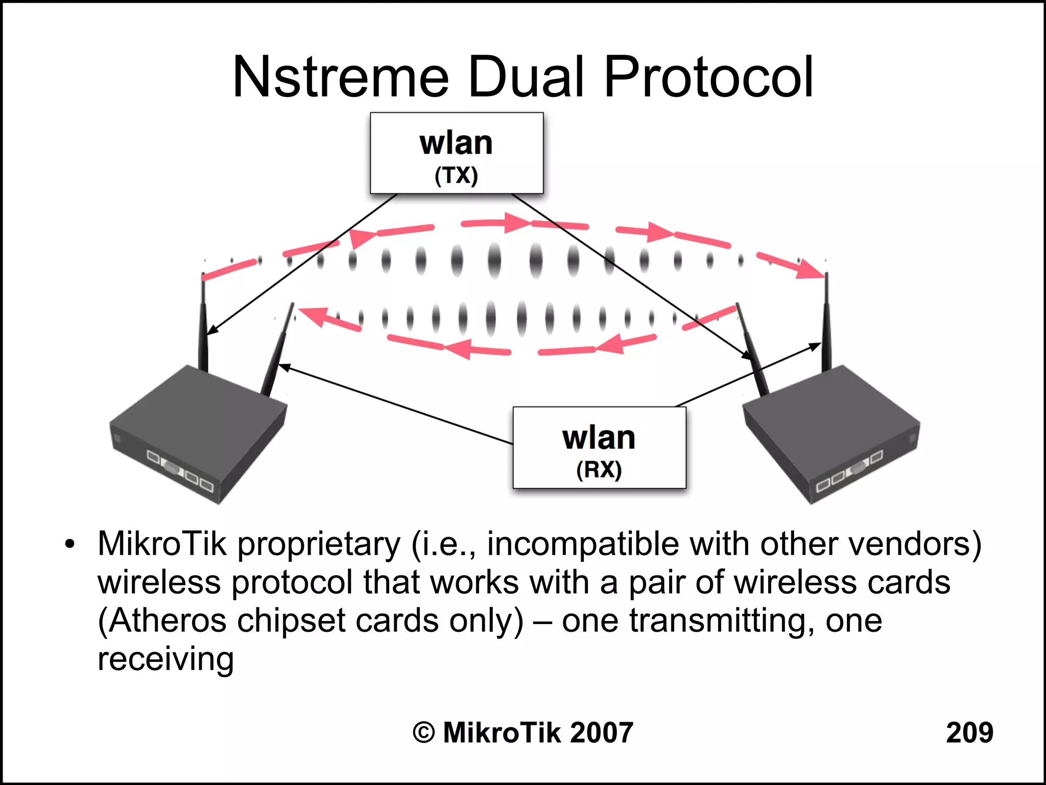 Nstreme Dual Protocol




●   MikroTik proprietary (i.e., incompatible with other vendors)
    wireless protocol that works with a pair of wireless cards
    (Atheros chipset cards only) – one transmitting, one
    receiving

                         © MikroTik 2007                     209
 