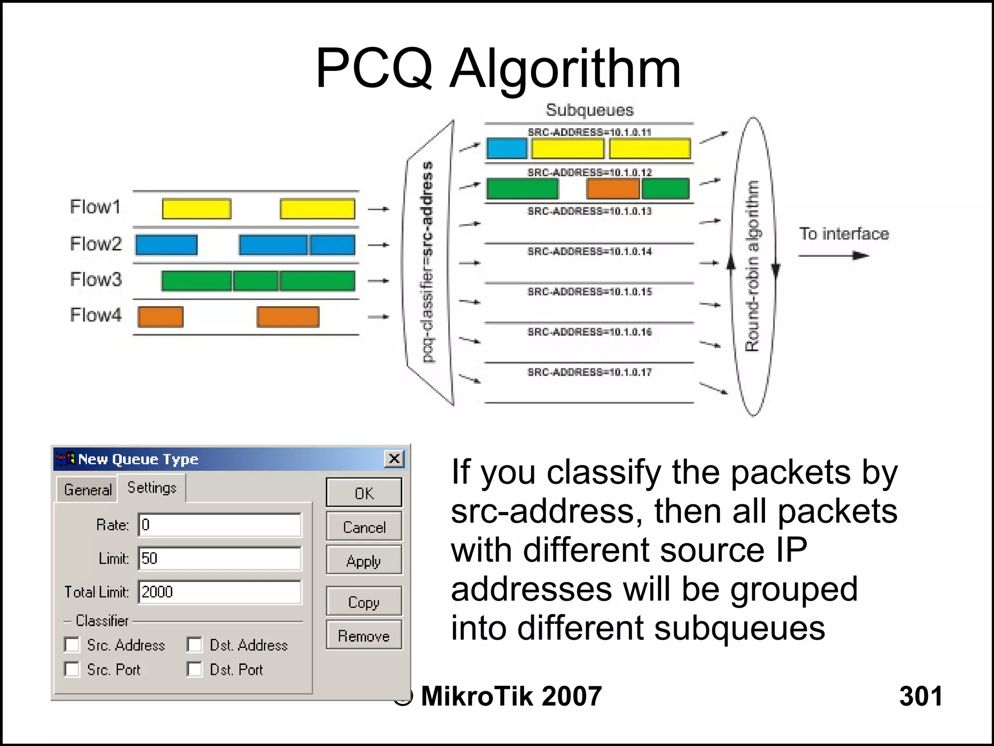 PCQ Algorithm




      If you classify the packets by
      src-address, then all packets
      with different source IP
      addresses will be grouped
      into different subqueues
  © MikroTik 2007                      301
 