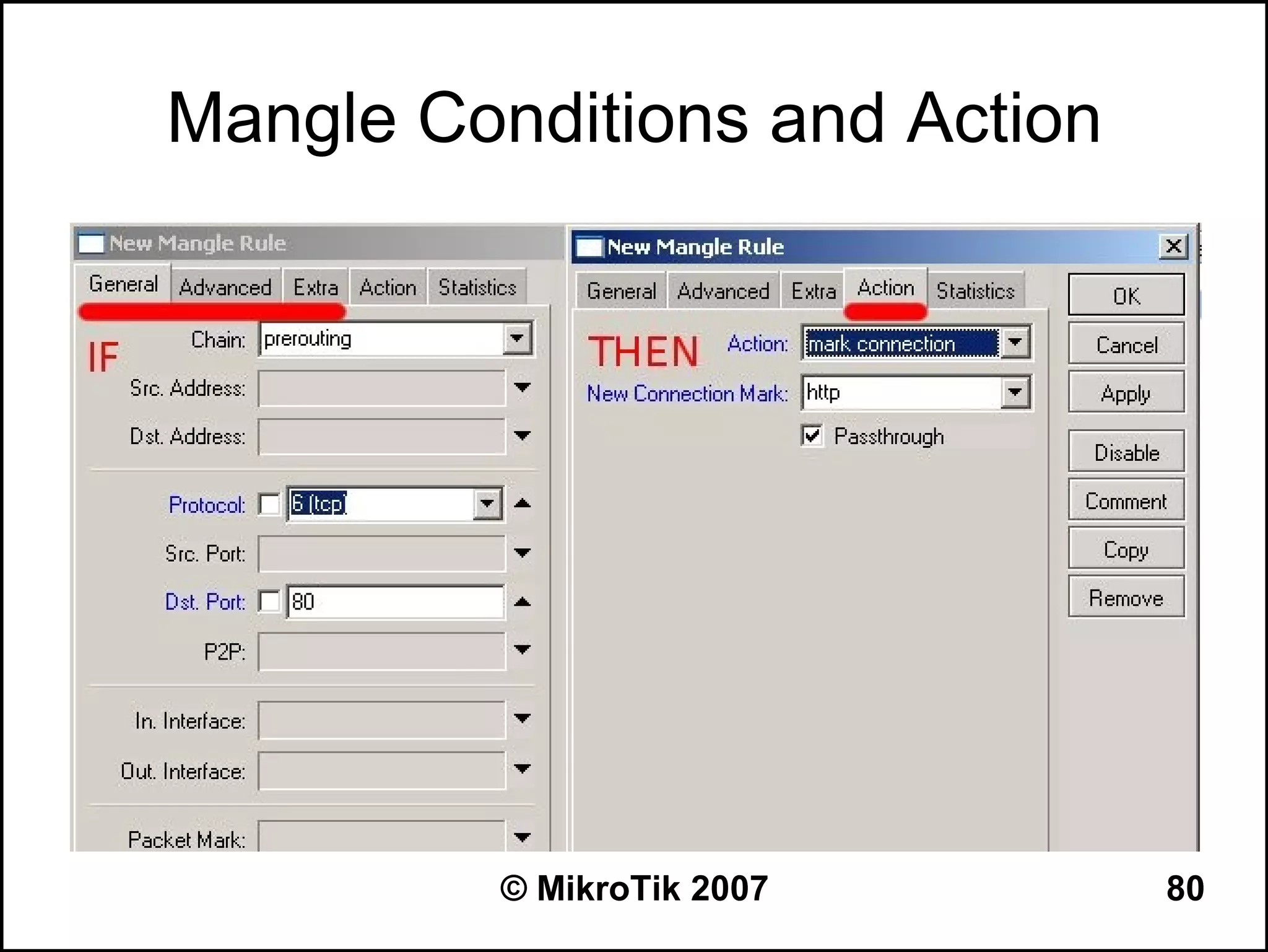 Mangle Conditions and Action




          © MikroTik 2007      80
 