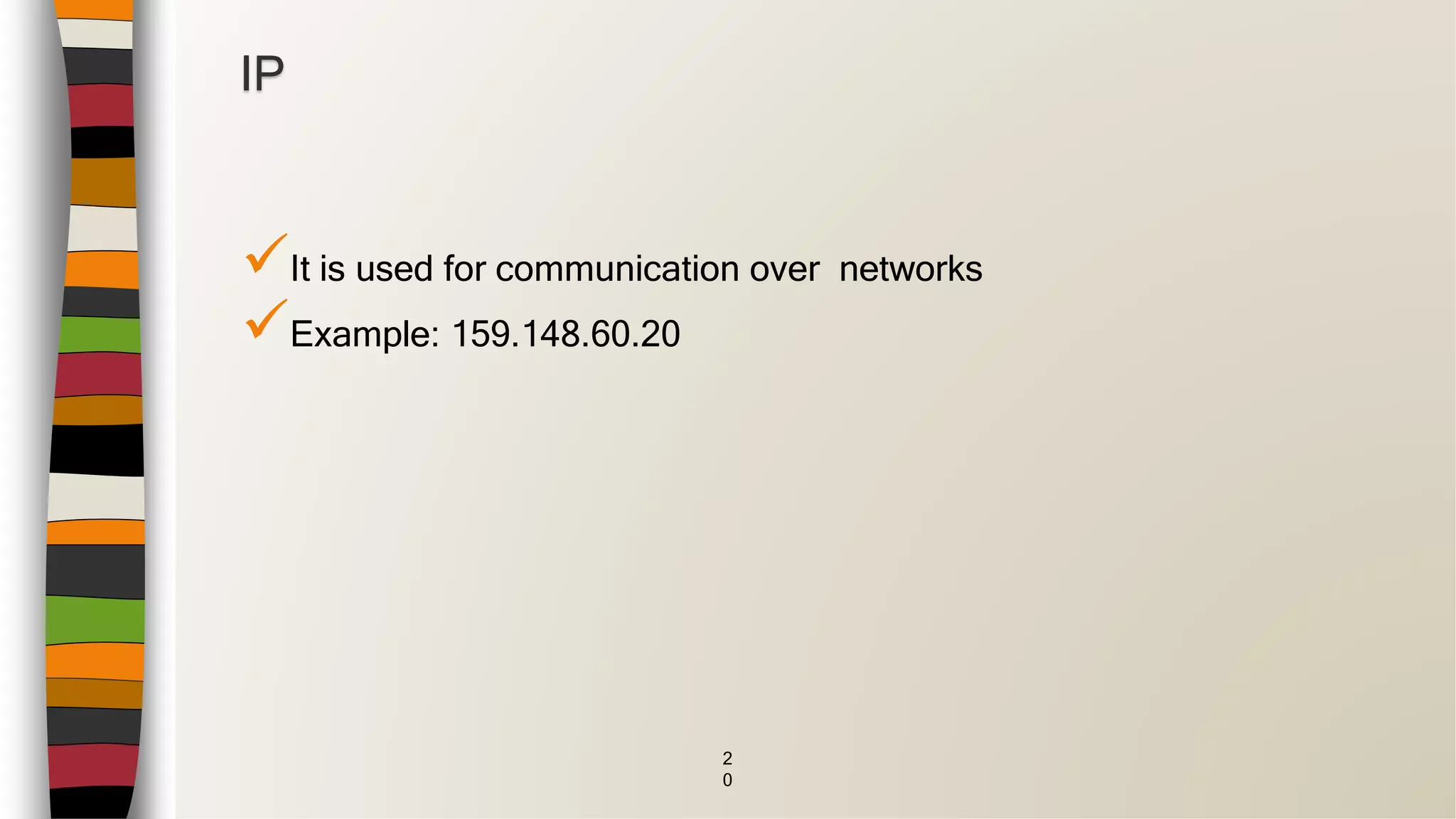 It is used for communication over networks
Example: 159.148.60.20
2
0
IP
 