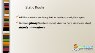 Additional static route is required to reach your neighbor laptop
Because gateway (teacher’s router) does not have information about
student’s private network
Static Route
 