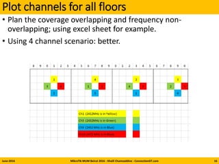 Plot channels for all floors
June-2016 MikroTik MUM Beirut 2016 - Khalil Chamseddine - ConnectionGT.com
• Plan the coverage overlapping and frequency non-
overlapping; using excel sheet for example.
• Using 4 channel scenario: better.
16
 