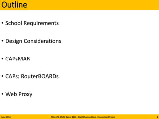 Outline
• School Requirements
• Design Considerations
• CAPsMAN
• CAPs: RouterBOARDs
• Web Proxy
June-2016 MikroTik MUM Beirut 2016 - Khalil Chamseddine - ConnectionGT.com 3
 