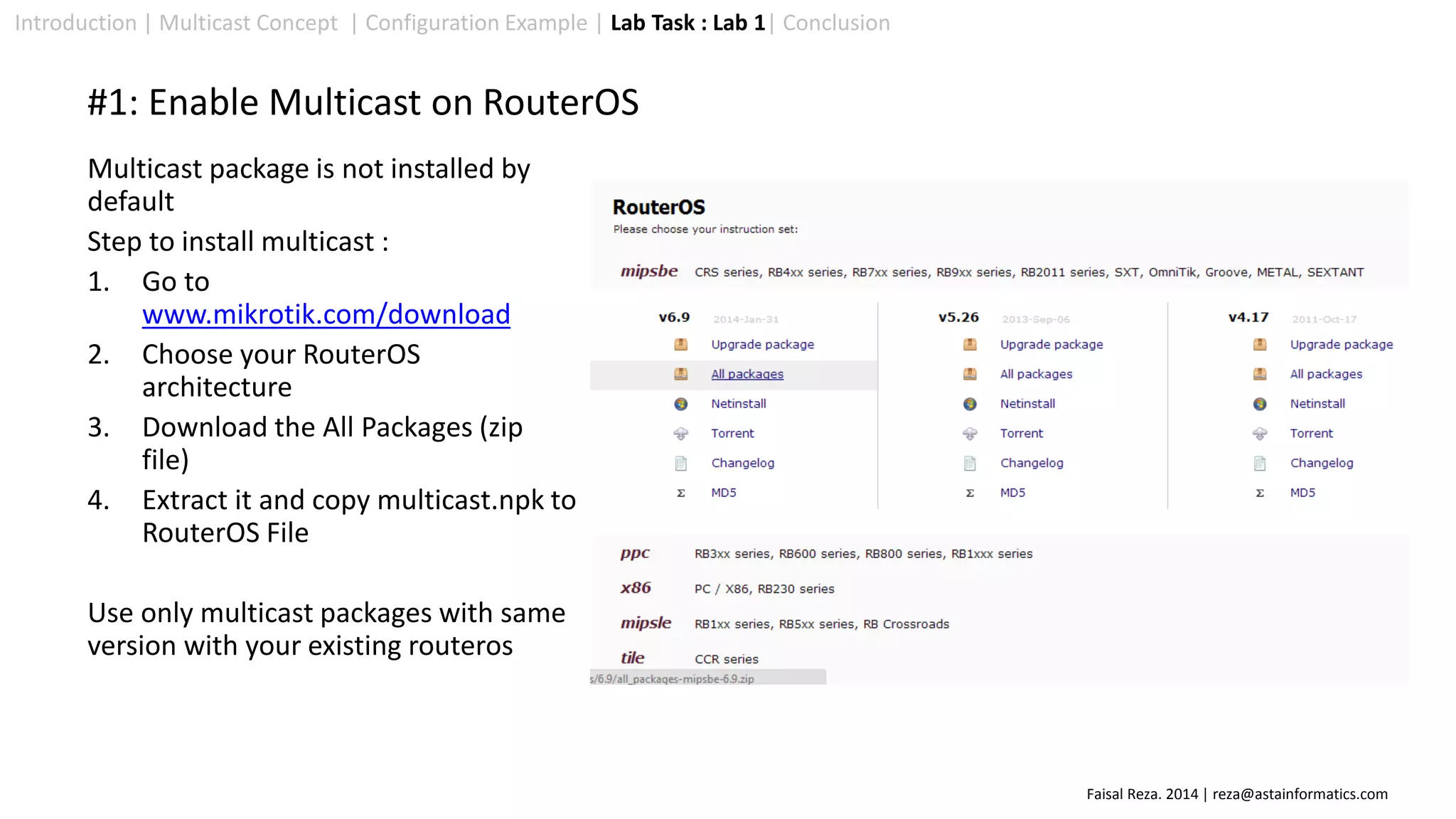 #1: Enable Multicast on RouterOS
Multicast package is not installed by
default
Step to install multicast :
1. Go to
www.mikrotik.com/download
2. Choose your RouterOS
architecture
3. Download the All Packages (zip
file)
4. Extract it and copy multicast.npk to
RouterOS File
Use only multicast packages with same
version with your existing routeros
Introduction | Multicast Concept | Configuration Example | Lab Task : Lab 1| Conclusion
Faisal Reza. 2014 | reza@astainformatics.com
 