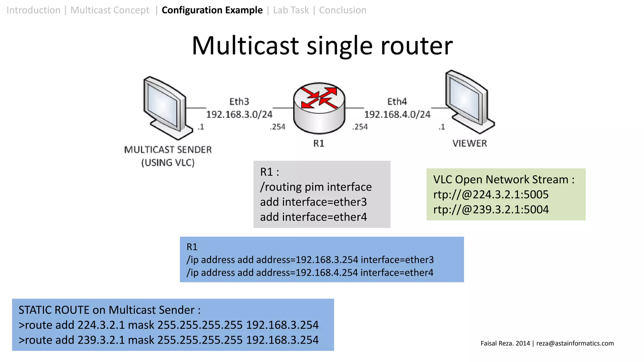 Introduction | Multicast Concept | Configuration Example | Lab Task | Conclusion
Multicast single router
R1 :
/routing pim interface
add interface=ether3
add interface=ether4
STATIC ROUTE on Multicast Sender :
>route add 224.3.2.1 mask 255.255.255.255 192.168.3.254
>route add 239.3.2.1 mask 255.255.255.255 192.168.3.254
VLC Open Network Stream :
rtp://@224.3.2.1:5005
rtp://@239.3.2.1:5004
Faisal Reza. 2014 | reza@astainformatics.com
R1
/ip address add address=192.168.3.254 interface=ether3
/ip address add address=192.168.4.254 interface=ether4
 