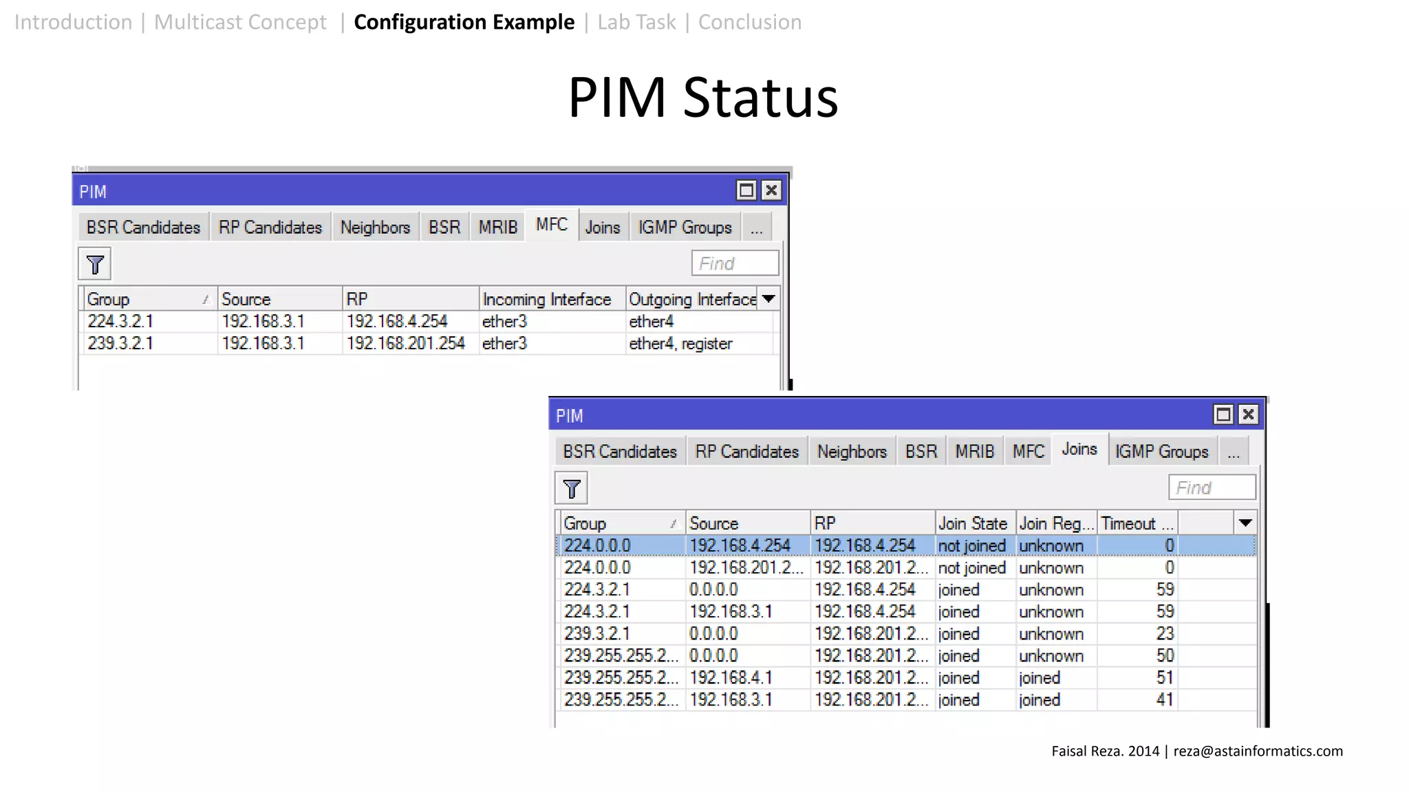 Introduction | Multicast Concept | Configuration Example | Lab Task | Conclusion
PIM Status
Faisal Reza. 2014 | reza@astainformatics.com
 