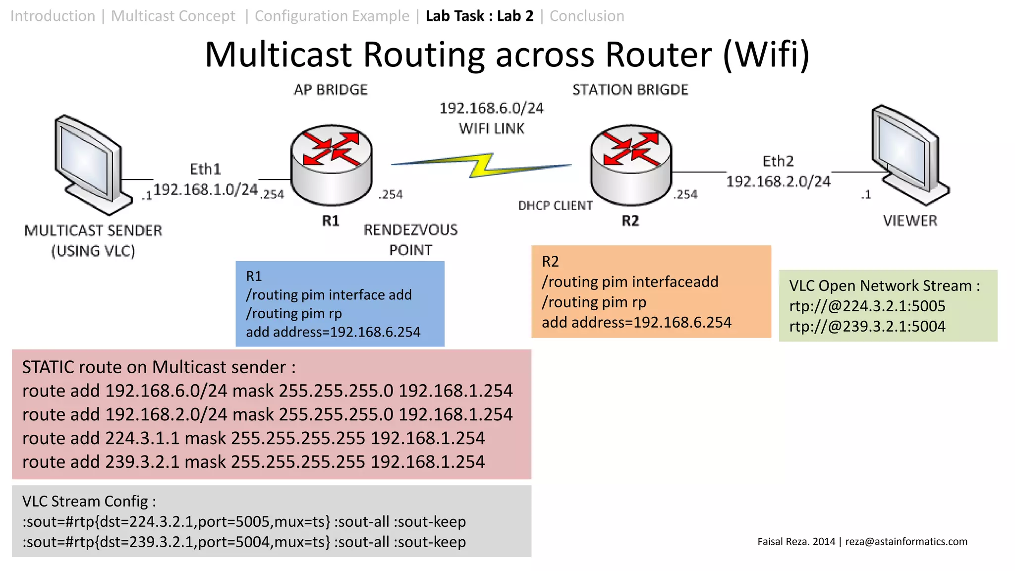 Introduction | Multicast Concept | Configuration Example | Lab Task : Lab 2 | Conclusion
Multicast Routing across Router (Wifi)
R1
/routing pim interface add
/routing pim rp
add address=192.168.6.254
STATIC route on Multicast sender :
route add 192.168.6.0/24 mask 255.255.255.0 192.168.1.254
route add 192.168.2.0/24 mask 255.255.255.0 192.168.1.254
route add 224.3.1.1 mask 255.255.255.255 192.168.1.254
route add 239.3.2.1 mask 255.255.255.255 192.168.1.254
R2
/routing pim interfaceadd
/routing pim rp
add address=192.168.6.254
VLC Stream Config :
:sout=#rtp{dst=224.3.2.1,port=5005,mux=ts} :sout-all :sout-keep
:sout=#rtp{dst=239.3.2.1,port=5004,mux=ts} :sout-all :sout-keep
VLC Open Network Stream :
rtp://@224.3.2.1:5005
rtp://@239.3.2.1:5004
Faisal Reza. 2014 | reza@astainformatics.com
 