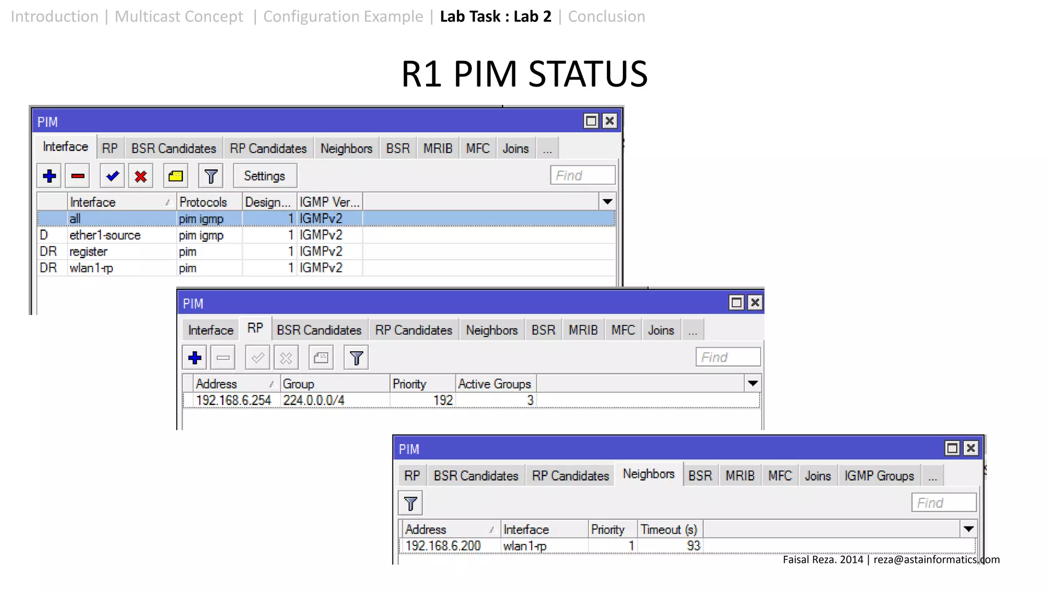 Introduction | Multicast Concept | Configuration Example | Lab Task : Lab 2 | Conclusion
R1 PIM STATUS
Faisal Reza. 2014 | reza@astainformatics.com
 