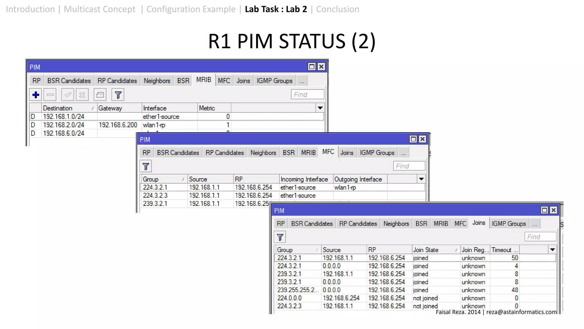 Introduction | Multicast Concept | Configuration Example | Lab Task : Lab 2 | Conclusion
R1 PIM STATUS (2)
Faisal Reza. 2014 | reza@astainformatics.com
 