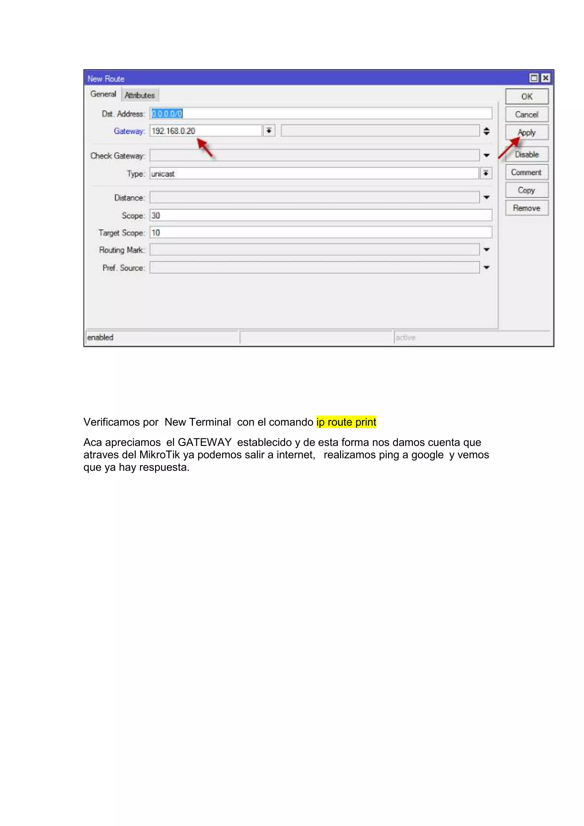 Verificamos por New Terminal con el comando ip route print
Aca apreciamos el GATEWAY establecido y de esta forma nos damos cuenta que
atraves del MikroTik ya podemos salir a internet, realizamos ping a google y vemos
que ya hay respuesta.

 