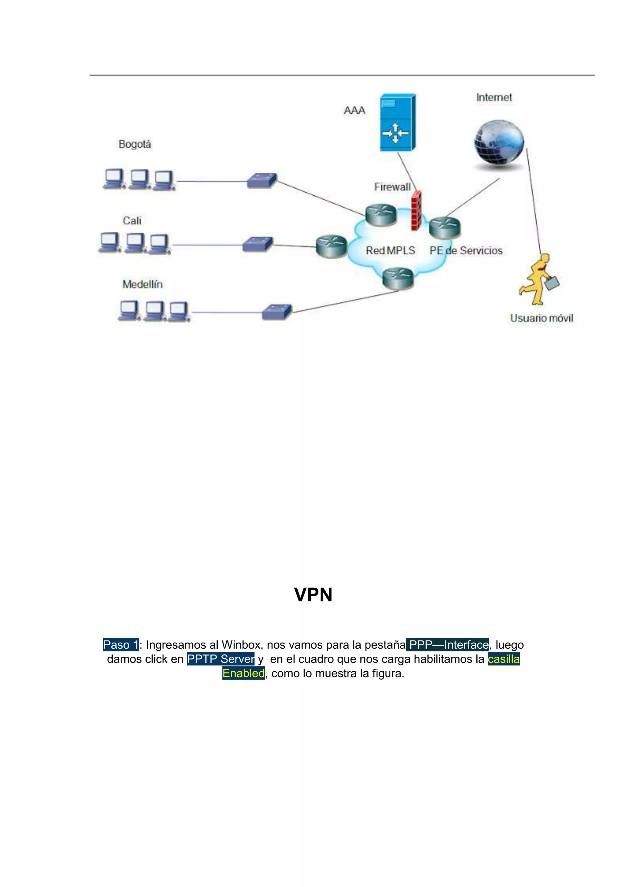 VPN
Paso 1: Ingresamos al Winbox, nos vamos para la pestaña PPP—Interface, luego
damos click en PPTP Server y en el cuadro que nos carga habilitamos la casilla
Enabled, como lo muestra la figura.

 