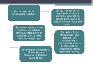 Hasta 1926 que el                   En 1931, se formó un
término del "softball"                equipo de 75 años y
                                      mayores, viajando en
                                     grupos para jugar y se
                                    autonominaron Kids and
                                             Kubs.
   En 1933 el primer torneo
     nacional de softball
   amateur, tomó lugar en                En 1946, la Liga
    conjunto con la Feria                National de Bola
    Mundial de Chicago                      Rápida fue
                                           establecida y
                                       considerada a ser la
                                          primera liga de
        En 1951, fue declarada la      lanzamiento rápido
            primera Semana             masculina reunida.
          Nacional de Softball
              (Julio 22-28).
 