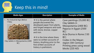 Keep this in mind!
Media Ages Description Examples of Media
1. Pre-Industrial Age (Before
1700s)
Clay tablets in Mesopotam...