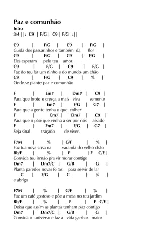 Paz e comunhão
Intro
3/4 ||: C9 | F/G | C9 | F/G :||
C9 | F/G | C9 | F/G |
Cuida dos passarinhos e também da flor
C9 | F/G | C9 | F/G |
Eles esperam pelo teu amor.
C9 | F/G | C9 | F/G |
Faz do teu lar um ninho e do mundo um chão
C9 | F/G | C9 | % |
Onde se plante paz e comunhão
F | Em7 | Dm7 | C9 |
Para que brote e cresça a mais viva semente
F | Em7 | F/G | G7 |
Para que a gente tenha o que colher
F | Em7 | Dm7 | C9 |
Para que o pão que venha a ser por nós assado
F | Em7 | F/G | G7 |
Seja sinal traçado de viver.
F7M | % | G/F | % |
Faz tua nova casa na varanda do velho chão
Bb/F | % | F | F C/E |
Convida teu irmão pra vir morar contigo
Dm7 | Dm7/C | G/B | G |
Planta paredes novas feitas para servir de lar
C | F/G | C | % |
e abrigo
F7M | % | G/F | % |
Faz um café gostoso e põe a mesa no teu jardim
Bb/F | % | F | F C/E |
Deixa que assim as plantas tenham paz contigo
Dm7 | Dm7/C | G/B | G |
Convida o universo e faz a vida ganhar maior
 