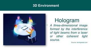 3D Environment
Hologram
- A three-dimensional image
formed by the interference
of light beams from a laser
or other coherent light
source.
Source: techopedia.com
 
