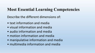 Most Essential Learning Competencies
Describe the different dimensions of:
• text information and media
• visual information and media
• audio information and media
• motion information and media
• manipulative information and media
• multimedia information and media
 