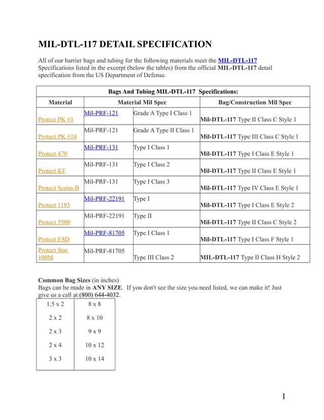 MILDTL117 DETAIL SPECIFICATION (MIL SPEC PACKAGING)