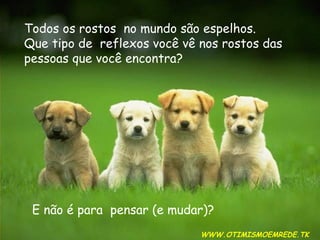 Todos os rostos  no mundo são espelhos. Que tipo de  reflexos você vê nos rostos das  pessoas que você encontra? E não é para  pensar (e mudar)?  WWW.OTIMISMOEMREDE.TK 