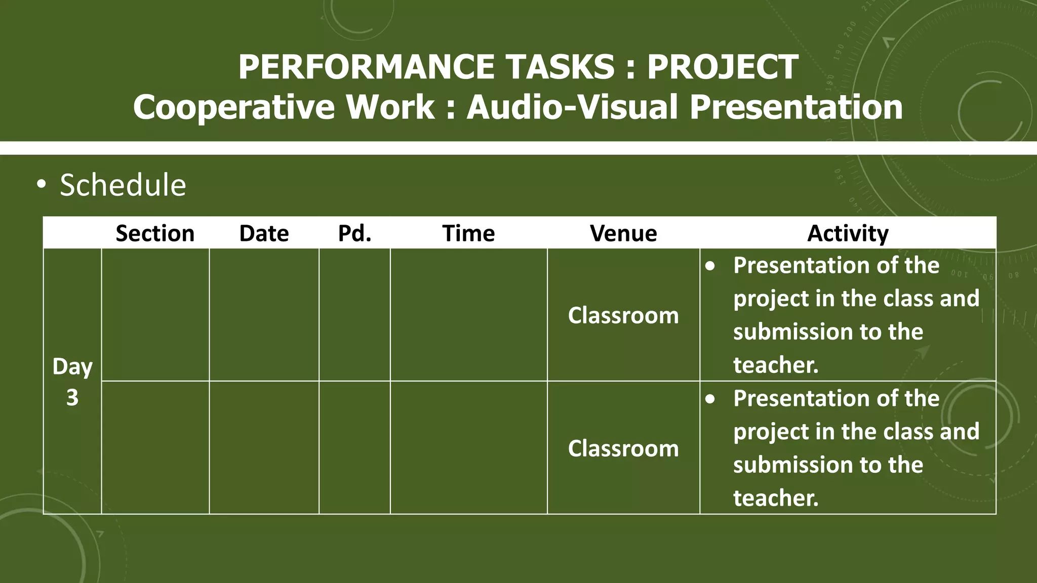• Schedule
Section Date Pd. Time Venue Activity
Day
3
Classroom
 Presentation of the
project in the class and
submission to the
teacher.
Classroom
 Presentation of the
project in the class and
submission to the
teacher.
PERFORMANCE TASKS : PROJECT
Cooperative Work : Audio-Visual Presentation
 
