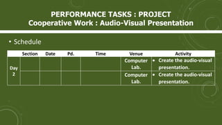 • Schedule
Section Date Pd. Time Venue Activity
Day
2
Computer
Lab.
 Create the audio-visual
presentation.
Computer
Lab.
...