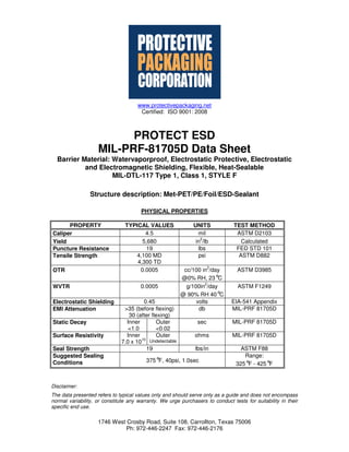 www.protectivepackaging.net
                                      Certified: ISO 9001: 2008



                          PROTECT ESD
                    MIL-PRF-81705D Data Sheet
  Barrier Material: Watervaporproof, Electrostatic Protective, Electrostatic
           and Electromagnetic Shielding, Flexible, Heat-Sealable
                    MIL-DTL-117 Type 1, Class 1, STYLE F

                Structure description: Met-PET/PE/Foil/ESD-Sealant

                                       PHYSICAL PROPERTIES

      PROPERTY                  TYPICAL VALUES                UNITS            TEST METHOD
Caliper                                4.5                      mil             ASTM D2103
                                                                 2
Yield                                 5,680                    in /lb             Calculated
Puncture Resistance                     19                      lbs             FED STD 101
Tensile Strength                    4,100 MD                    psi              ASTM D882
                                    4,300 TD
                                                                      2
OTR                                  0.0005              cc/100 in /day          ASTM D3985
                                                        @0% RH, 23°    C
                                                                  2
WVTR                                   0.0005             g/100in /day           ASTM F1249
                                                        @ 90% RH 40°   C
Electrostatic Shielding                0.45                   volts            EIA-541 Appendix
EMI Attenuation                >35 (before flexing)            db              MIL-PRF 81705D
                                 30 (after flexing)
Static Decay                    Inner        Outer              sec            MIL-PRF 81705D
                                 <1.0        <0.02
Surface Resistivity             Inner        Outer            ohms             MIL-PRF 81705D
                                      10
                              7.0 x 10 Undetectable
Seal Strength                            19                    lbs/in             ASTM F88
Suggested Sealing                                                                  Range:
                                         375° 40psi, 1.0sec
                                             F,
Conditions                                                                      325° - 425°
                                                                                    F      F


Disclaimer:
The data presented refers to typical values only and should serve only as a guide and does not encompass
normal variability, or constitute any warranty. We urge purchasers to conduct tests for suitability in their
specific end use.

                    1746 West Crosby Road, Suite 108, Carrollton, Texas 75006
                             Ph: 972-446-2247 Fax: 972-446-2176
 