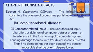 CHAPTER II. PUNISHABLE ACTS
Section 4. Cybercrime Offenses. — The following acts
constitute the offense of cybercrime punishable under this
Act:
(b) Computer-related Offenses:
(2) Computer-related Fraud — The unauthorized input,
alteration, or deletion of computer data or program or
interference in the functioning of a computer system,
causing damage thereby with fraudulent intent: Provided,
That if no damage has yet been caused, the penalty
imposable shall be one (1) degree lower.
 