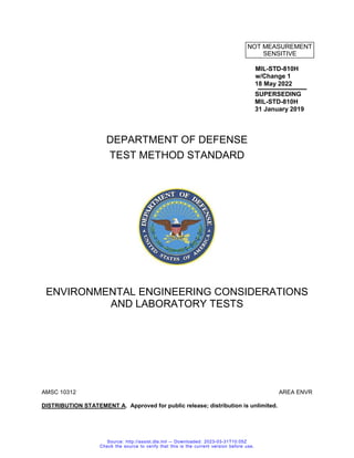 NOT MEASUREMENT
SENSITIVE
MIL-STD-810H
w/Change 1
18 May 2022
SUPERSEDING
MIL-STD-810H
31 January 2019
DEPARTMENT OF DEFENSE
TEST METHOD STANDARD
ENVIRONMENTAL ENGINEERING CONSIDERATIONS
AND LABORATORY TESTS
AMSC 10312 AREA ENVR
DISTRIBUTION STATEMENT A. Approved for public release; distribution is unlimited.
Source: http://assist.dla.mil -- Downloaded: 2023-03-31T10:05Z
Check the source to verify that this is the current version before use.
 