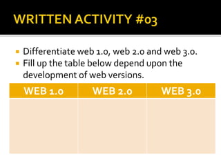  Differentiate web 1.0, web 2.0 and web 3.0.
 Fill up the table below depend upon the
development of web versions.
WEB 1.0 WEB 2.0 WEB 3.0
 