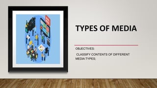 TYPES OF MEDIA
OBJECTIVES:
CLASSIFY CONTENTS OF DIFFERENT
MEDIA TYPES;
 