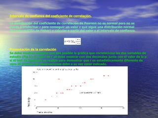 Intervalo de confianza del coeficiente de correlación. La distribución del coeficiente de correlación de Pearson no es normal pero no se puede transformar r para conseguir un valor z que sigue una distribución normal (transformación de Fisher) y calcular a partir del valor z el intervalo de confianza. Presentación de la correlación Se debe mostrar siempre que sea posible la gráfica que correlaciona las dos variables de estudio (Fig 1). El valor de r se debe mostrar con dos decimales junto con el valor de la p si el test de hipótesis se realizó para demostrar que r es estadísticamente diferente de cero. El número de observaciones debe a su vez estar indicado.   