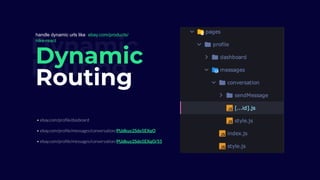 Dynamic
Routing
Dynamic
Routing
• ebay.com/profile/dasboard
• ebay.com/profile/messages/conversation/PUdkuy2Sdo5EXqO
• ebay.com/profile/messages/conversation/PUdkuy2Sdo5EXqO/55
handle dynamic urls like ebay.com/products/
nike-react
 