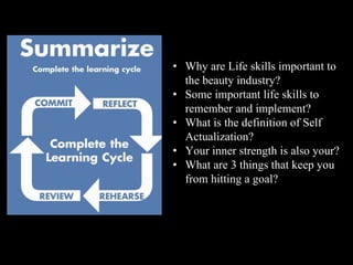 • Why are Life skills important to
the beauty industry?
• Some important life skills to
remember and implement?
• What is the definition of Self
Actualization?
• Your inner strength is also your?
• What are 3 things that keep you
from hitting a goal?
 