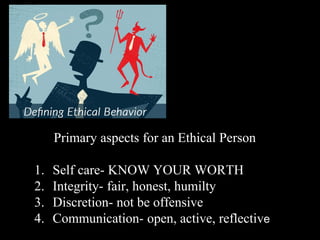 Primary aspects for an Ethical Person
1. Self care- KNOW YOUR WORTH
2. Integrity- fair, honest, humilty
3. Discretion- not be offensive
4. Communication- open, active, reflective
 
