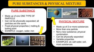 PURE SUBSTANCES & PHYSICAL MIXTURE
PURE SUBSTANCE
• Made up of one ONE TYPE OF
PARTICLE
• Can not be physically separated; all
particles are the same
• Fixed physical properties ( melting &
boiling point
• EXAMPLE: oxygen, water, iron
PHYSICAL MIXTURE
• Made up of 2 or more substances
• More than one particle
• Not a new substance; physical
combination
• Can be physically separated
• Variable properties
• EXAMPLES: air, salt water, soil,
most substances
Nitrogen &
oxygen
 