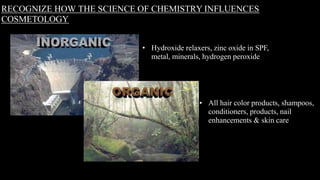 RECOGNIZE HOW THE SCIENCE OF CHEMISTRY INFLUENCES
COSMETOLOGY
• Hydroxide relaxers, zinc oxide in SPF,
metal, minerals, hydrogen peroxide
• All hair color products, shampoos,
conditioners, products, nail
enhancements & skin care
 