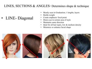 • LINE- Diagonal
• Mostly seen in Graduation; 1 lengths, layers
• Builds weight
• Create emphasis/ focal point
• Draws eye to certain area of style
• Maintains same direction
• Ideal for all hair types, low & medium density
• Minimize or enhance facial shape
LINES, SECTIONS & ANGLES- Determines shape & technique
 