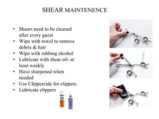 SHEARMAINTENENCE
• Shears need to be cleaned
after every guest
• Wipe with towel to remove
debris & hair
• Wipe with rubbing alcohol
• Lubricate with shear oil- at
least weekly
• Have sharpened when
needed
• Use Clippercide for clippers
• Lubricate clippers
 