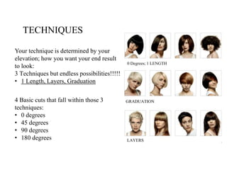 TECHNIQUES
Your technique is determined by your
elevation; how you want your end result
to look:
3 Techniques but endless possibilities!!!!!
• 1 Length, Layers, Graduation
4 Basic cuts that fall within those 3
techniques:
• 0 degrees
• 45 degrees
• 90 degrees
• 180 degrees
0 Degrees; 1 LENGTH
GRADUATION
LAYERS
 
