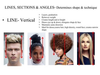 • LINE- Vertical
• Layers, graduation
• Removes weight
• Creates length and or height
• Draws eye up & down; elongates shape & face
• Maintains same direction
• Ideal for dense,coarse hair, high density, round face; creates narrow
shape
LINES, SECTIONS & ANGLES- Determines shape & technique
 