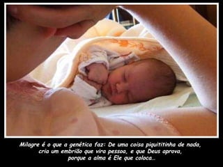 Milagre é o que a genética faz: De uma coisa piquititinha de nada,  cria um embrião que vira pessoa, e que Deus aprova,  porque a alma é Ele que coloca… 