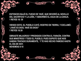ENTONCES BAJÓ EL FUEGO DE YAVÉ, QUE DEVORÓ AL NOVILLO
DEL SACRIFICIO Y LA LEÑA, Y ABSORBIÓ EL AGUA DE LA ZANJA.
1 REYES 18: 38
VIENDO ESTO, EL PUEBLO CAYÓ, ROSTRO EN TIERRA, Y EXCLAMÓ:
“¡YAVÉ ES DIOS, YAVÉ ES DIOS!"
1 REYES 18:39
OBRASTE MILAGROS Y PRODIGIOS CONTRA EL FARAÓN, CONTRA
SUS MINISTROS Y TODO EL PUEBLO, PUES SUPISTE QUE NOS
HABÍAN TRATADO DURAMENTE, Y TE HAS HECHO FAMOSO HASTA
EL DÍA DE HOY.
NEHEMÍAS 9:10
 