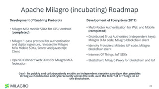 Apache Milagro (incubating) Roadmap
23
Development of Ecosystem (2017)
• Multi-Factor Authentication for Web and Mobile
(completed)
• Distributed Trust Authorities (independent keys):
Milagro D-TA code, Milagro blockchain client
• Identity Providers: Miladro IdP code, Milagro
blockchain client
• Internet Of Things: IoT SDKs
• Blockchain: Milagro Proxy for blockchain and IoT
Development of Enabling Protocols
• Milagro MFA mobile SDKs for iOS / Android
(completed)
• Milagro 1-pass protocol for authentication
and digital signature, released in Milagro
MFA Mobile SDKs, Server and Javascript
Client
• OpenID Connect Web SDKs for Milagro MFA
federation
Goal - To quickly and collaboratively enable an independent security paradigm that provides
strong authentication and cybersecurity across the web, over the Internet of Things, or on
the Blockchain.
 