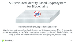 26
A Distributed Identity Based Cryptosystem
for Blockchains
Blockchain Problem 2: Speed and Scalability
Cryptocurrency transactions by design can not be instantaneous. There is no way to
create a capability to rival Visa’s transaction network on Bitcoin’s Blockchain (or any
Proof of Work based Blockchain) without modifying the protocol itself.
 