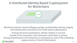 27
A Distributed Identity Based Cryptosystem
for Blockchains
Blockchain Solution: Apache Milagro provides confidentiality, identity integrity
and instantaneous transactions for P.O.W. based cryptosystems
Among transaction participants, identity integrity is assured.
Outside of the transaction, the transaction information is private.
Among all participants, the transaction is instantaneous, even if the underlying
cryptocurrency is Proof of Work based.
 