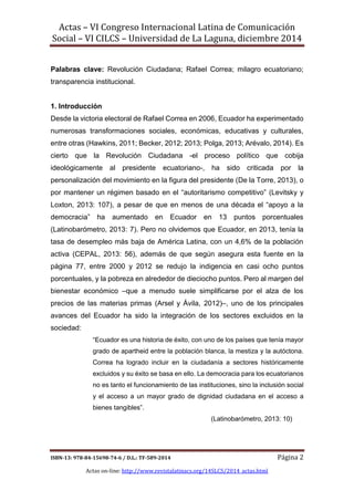 Participación ciudadana y transparencia institucional. Algunas consideraciones sobre el milagro ecuatoriano (2007 – 2014)