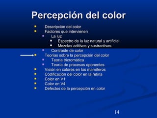 14
Percepción del colorPercepción del color
 Descripción del colorDescripción del color
 Factores que intervienenFactores que intervienen
 La luzLa luz
 Espectro de la luz natural y artificialEspectro de la luz natural y artificial
 Mezclas aditivas y sustractivasMezclas aditivas y sustractivas
 Contraste de colorContraste de color
 Teorías sobre la percepción del colorTeorías sobre la percepción del color
 Teoría tricromáticaTeoría tricromática
 Teoría de procesos oponentesTeoría de procesos oponentes
 Visión en colores en los mamíferosVisión en colores en los mamíferos
 Codificación del color en la retinaCodificación del color en la retina
 Color en V1Color en V1
 Color en V4Color en V4
 Defectos de la percepción en colorDefectos de la percepción en color
 