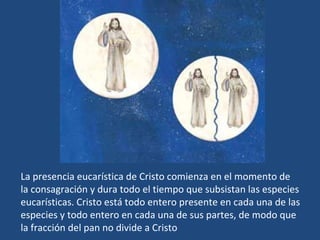 La presencia eucarística de Cristo comienza en el momento de la consagración y dura todo el tiempo que subsistan las especies eucarísticas. Cristo está todo entero presente en cada una de las especies y todo entero en cada una de sus partes, de modo que la fracción del pan no divide a Cristo 
