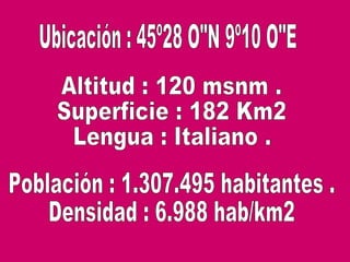 Ubicación : 45º28 O"N 9º10 O"E  Altitud : 120 msnm . Superficie : 182 Km2  Lengua : Italiano .  Población : 1.307.495 habitantes . Densidad : 6.988 hab/km2 